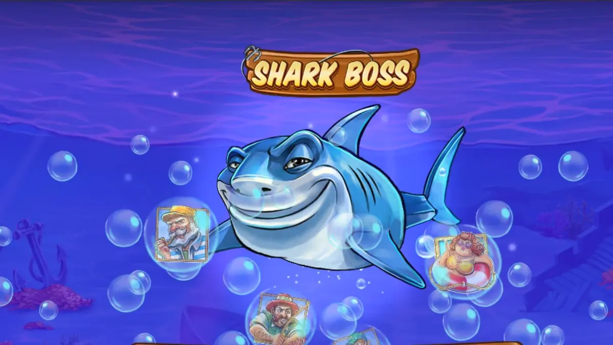 Tampilan visual slot Shark Boss dengan hiu di atas perahu
