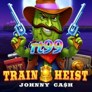 Tampilan visual slot Train Heist Johnny Cash dengan latar belakang kereta api Barat